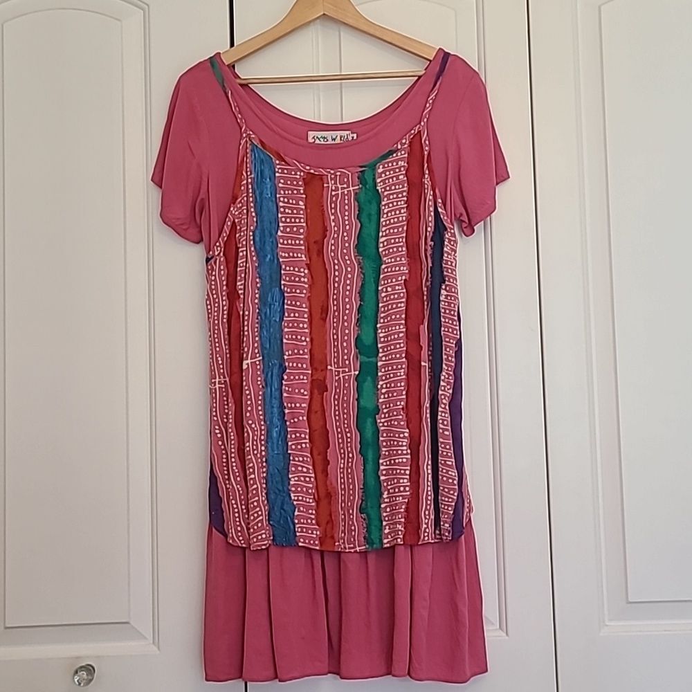 Retro Jams World Jumper Dress Abstract Line Print Pink Green Blue Size M